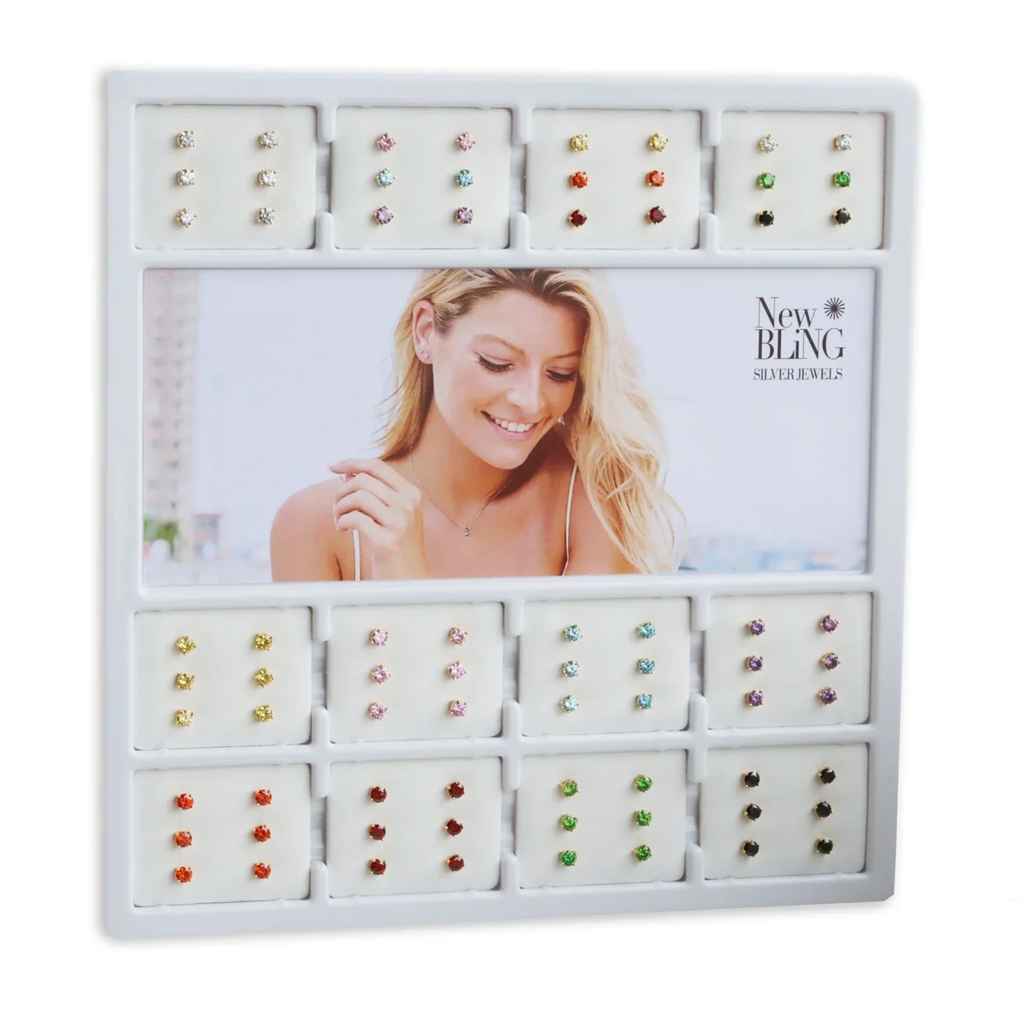 Display mit 36 Paar Ohrstecker Zirkonia Ø 4mm Silber 925/000 vergoldet - MeinSchmuckShop