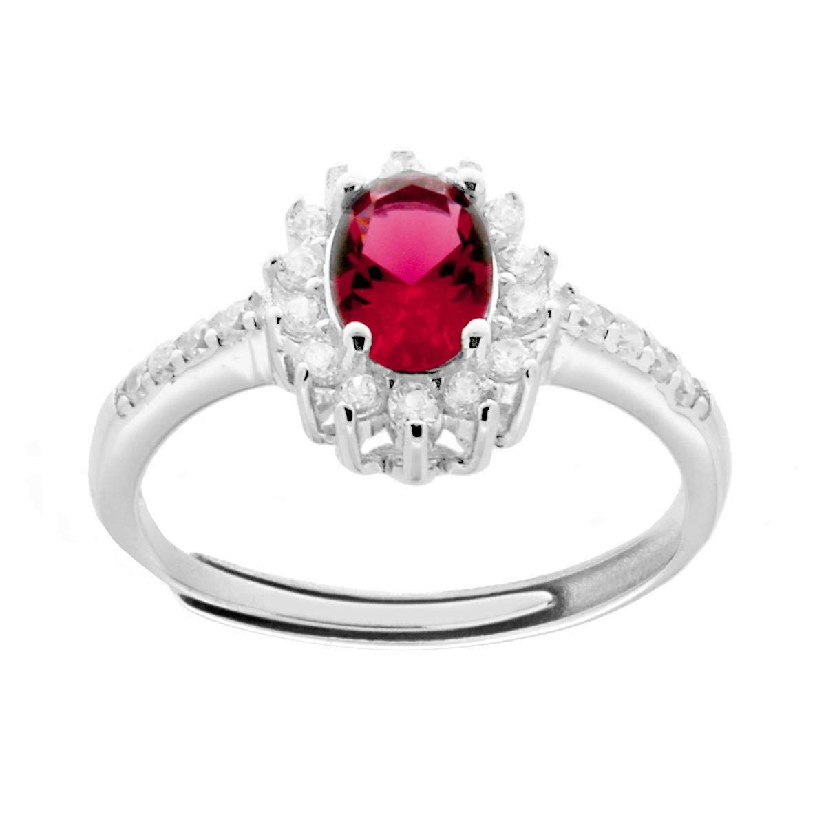 Solitärring mit Halo, ovaler Zirkonia in Rubinrot und weißen Zirkonien, rhodiniert aus 925er Silber. - MeinSchmuckShop