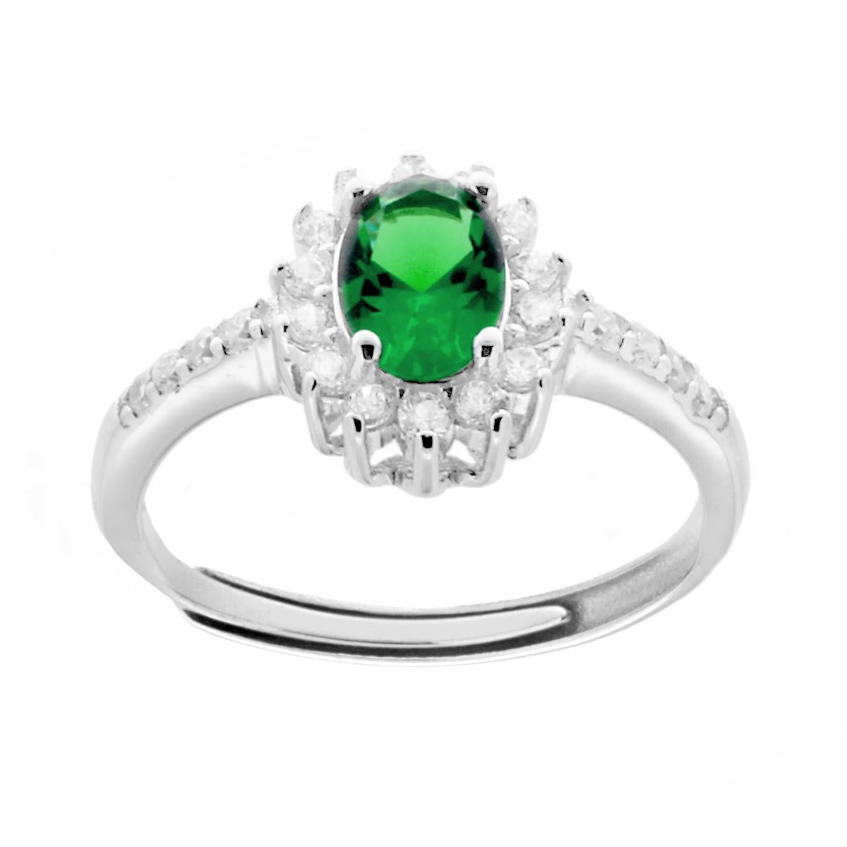 Halo-Solitärring mit ovalem Zirkonia in Smaragdgrün und weißen Zirkonias, aus 925er Silber rhodiniert. - MeinSchmuckShop