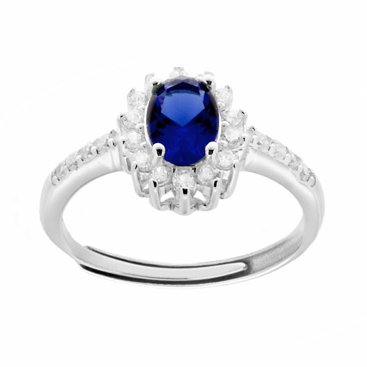 Solitärring mit Halo, ovalem Zirkon in Saphirblau und weißen Zirkonen, aus 925er Silber rhodiniert. - MeinSchmuckShop