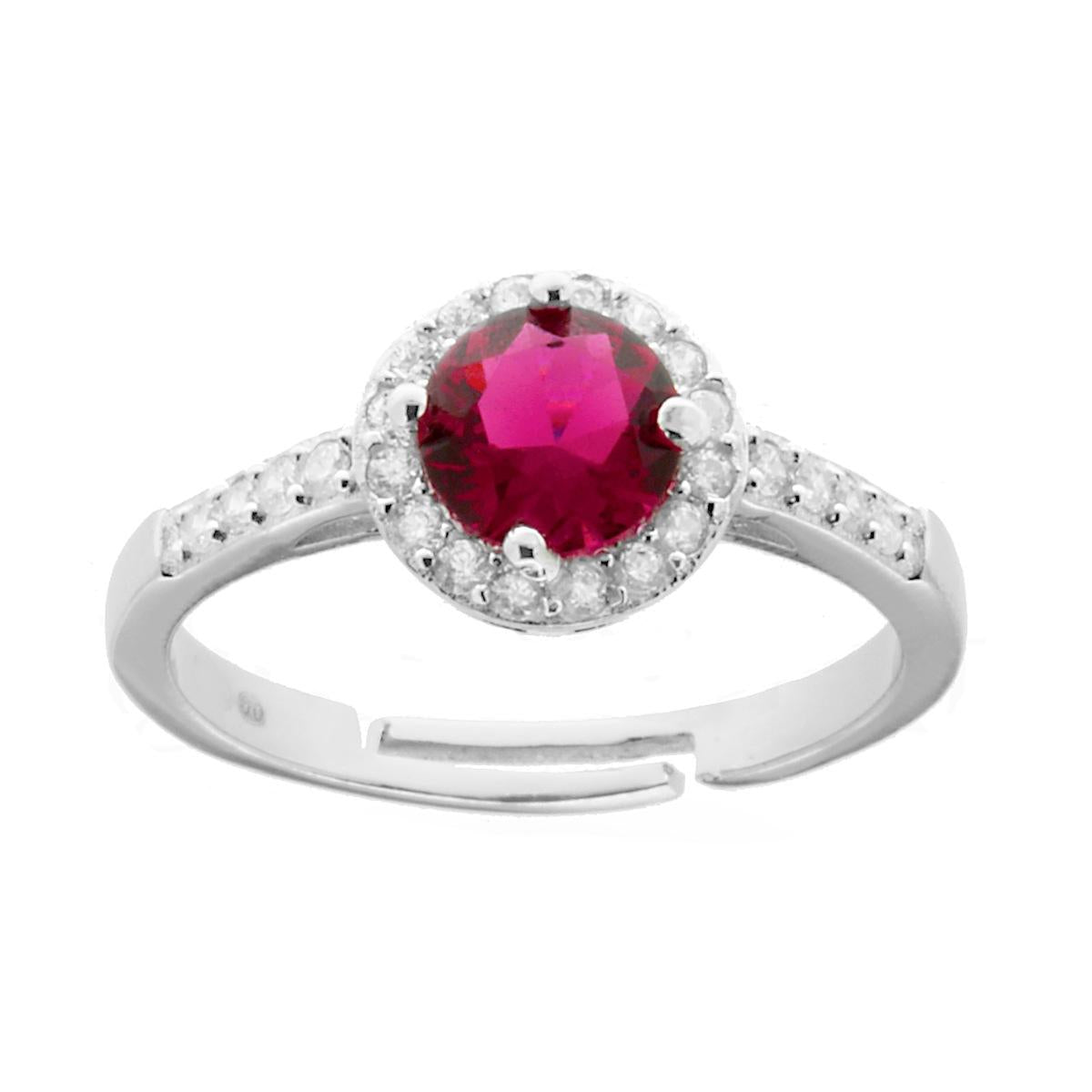 Halo-Solitär-Ring mit runden roten Rubin-Zirkonien, von weißen Zirkonien umrahmt, aus 925er Silber galvanisch rhodiniert. - MeinSchmuckShop