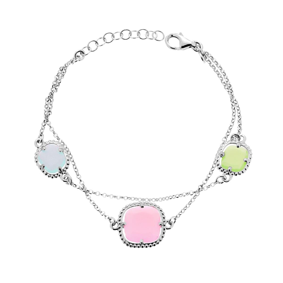 Zweireihiges Armband aus diamantierter Rolo-Kette mit mehrfarbigen quadratischen Steinen aus 925er Silber, rhodiniert. - MeinSchmuckShop