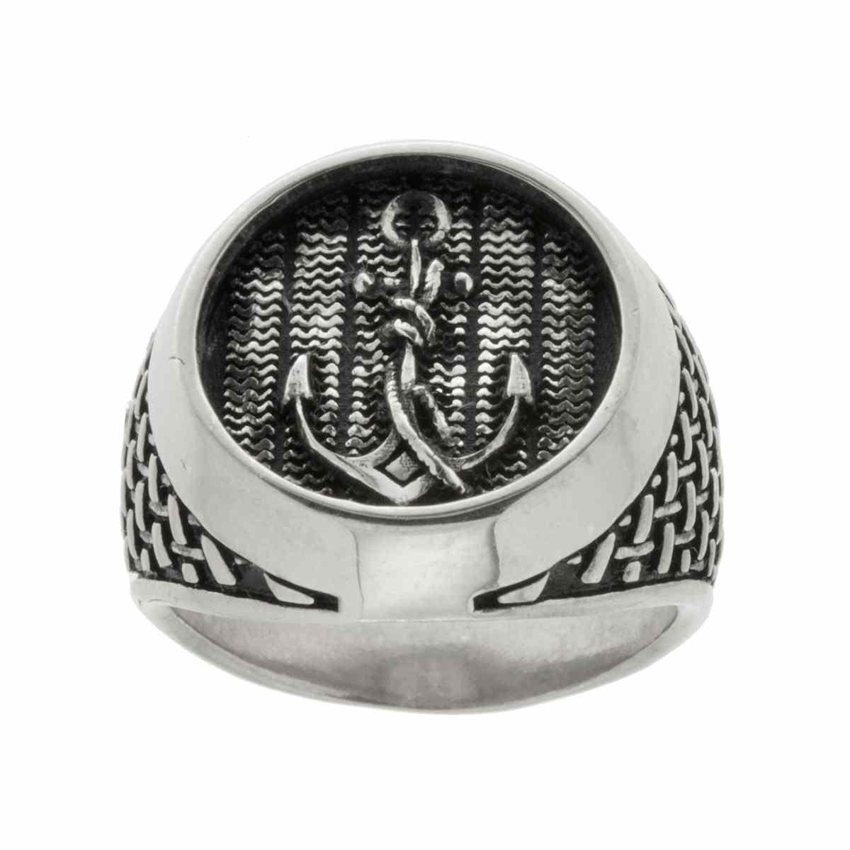 Ring Chevalier Rund mit Anker Microfusa in Silber 925 galvanisch rhodiniert brüniert - MeinSchmuckShop