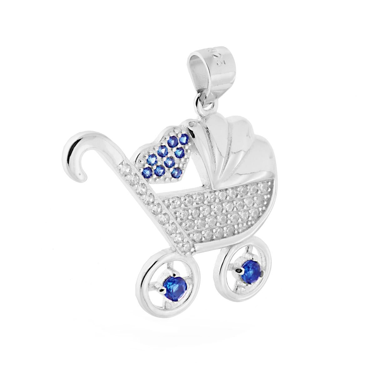 Anhänger: Kinderwagen/Pram/Baby mit blauem Herz-Zironen, Silber 925 rhodiniert - MeinSchmuckShop