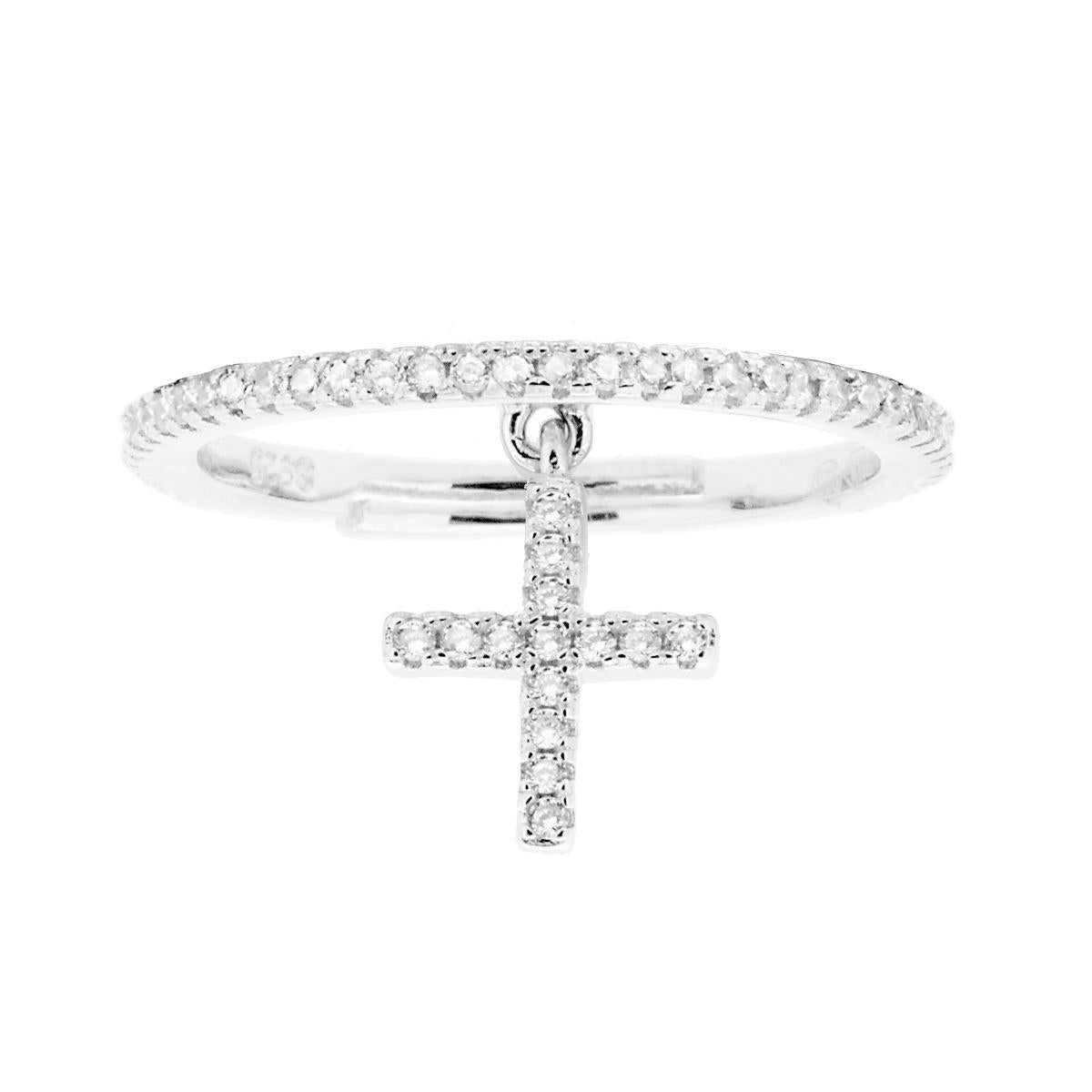 Veretta-Ring mit Kreuzanhänger und weißen Cubic-Zirkonia aus 925er Silber, rhodiniert. - MeinSchmuckShop