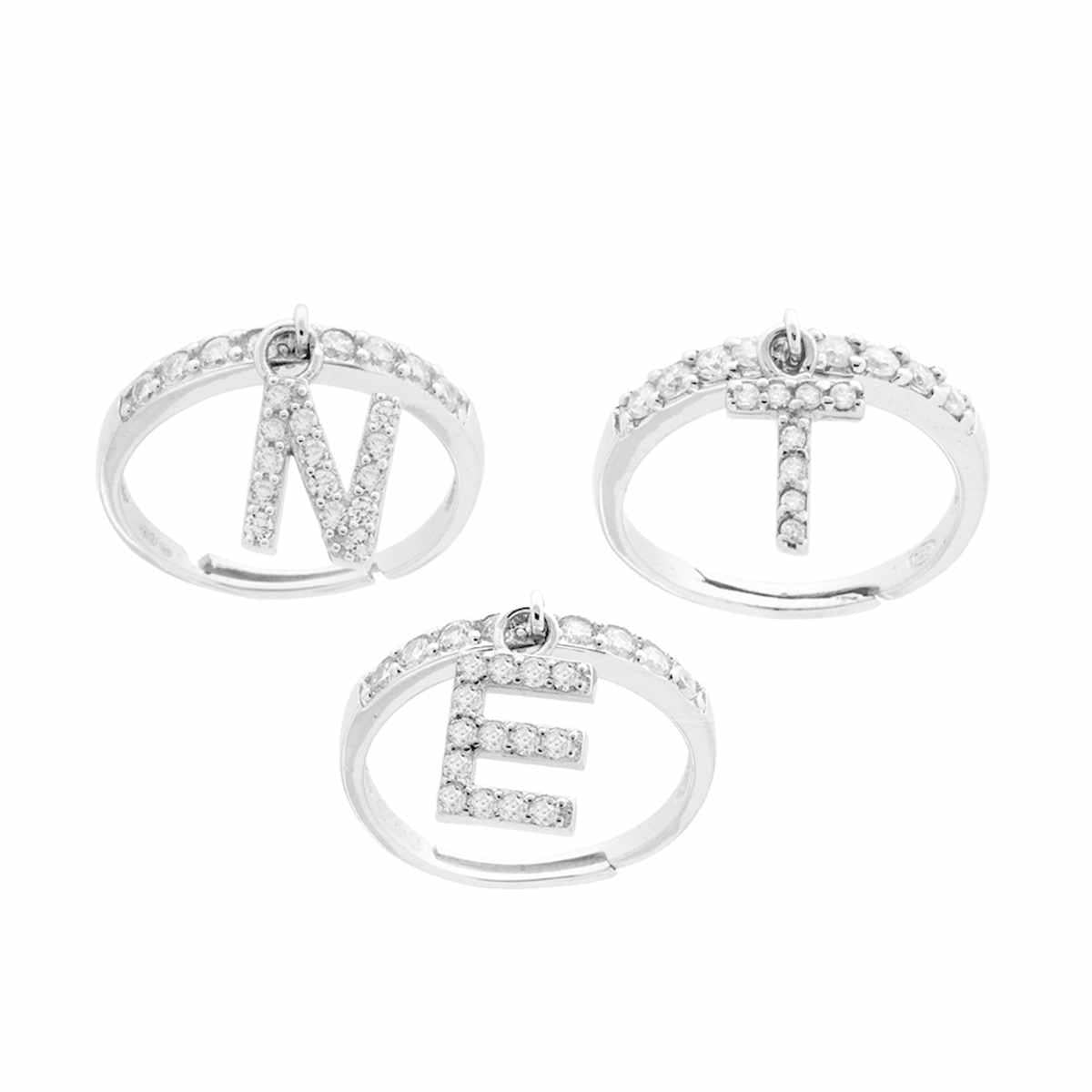 Veretta-Ring mit hängendem Initialbuchstaben, besetzt mit weißen Zirkonen, aus 925er Silber rhodiniert. - MeinSchmuckShop