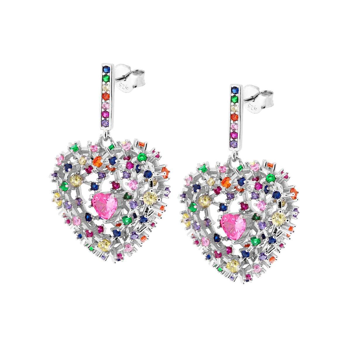 Ohrringe Herznest mit multicolor Zirkonen und rosa Zirkon-Herz, innen Silber 925 rhodiniert. - MeinSchmuckShop
