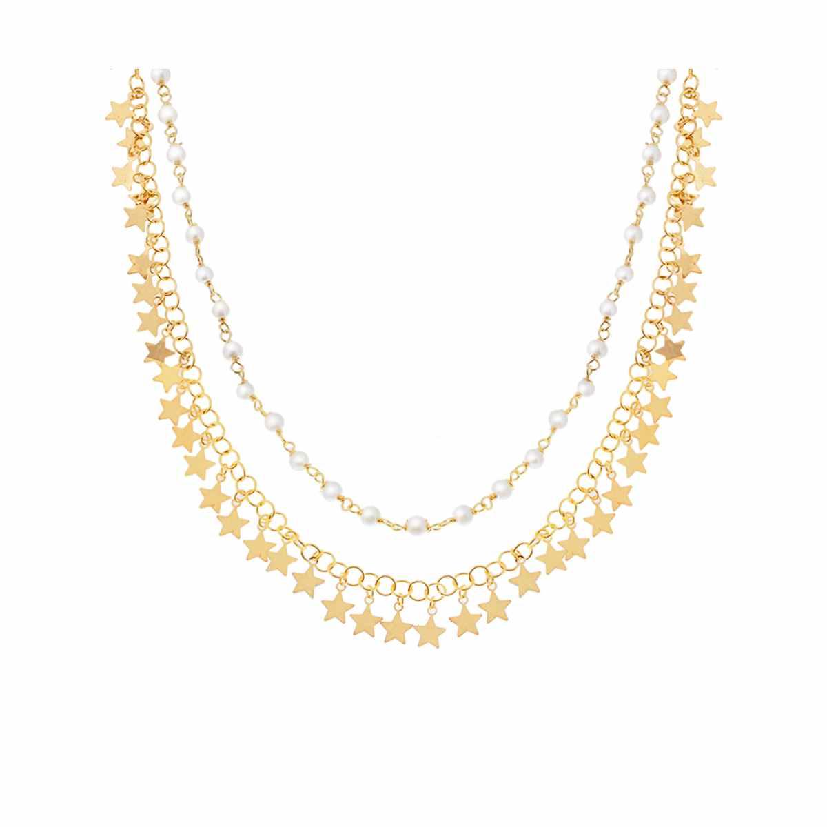 Zwei-Strang-Perlenkette und Kette mit Sternen, schlichte Anhänger aus 925er Silber, gold galvanisiert - MeinSchmuckShop