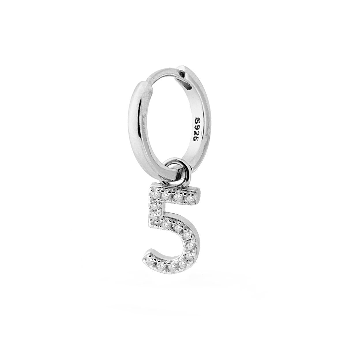 Ohrring Creolen-Creole mit der Zahl 5 als Anhänger, mit weißen Zirkonen, aus 925er Silber rhodiniert - MeinSchmuckShop