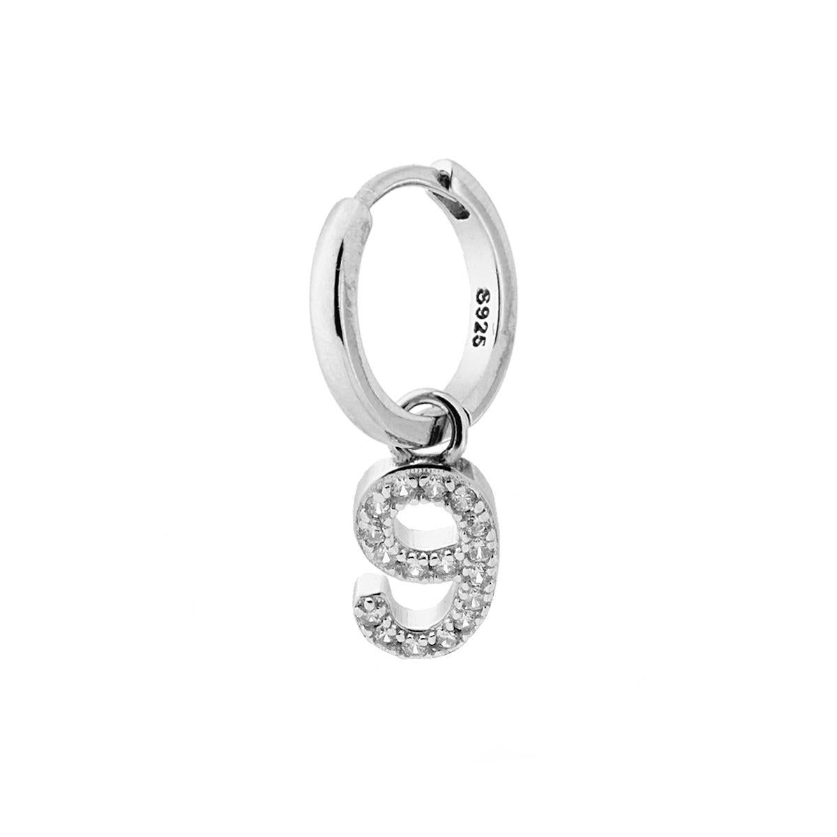 Creolen-Hoop-Ohrring mit Nr. 9, Anhänger mit weißen Zirkonen, aus 925er Silber rhodiniert - MeinSchmuckShop