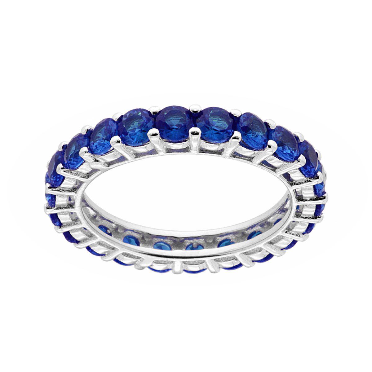 Eternity-Ring, umlaufende Veretta, mit kubischem Zirkon, blauem Saphir, 3 mm, aus Silber 925 rhodiniert - MeinSchmuckShop