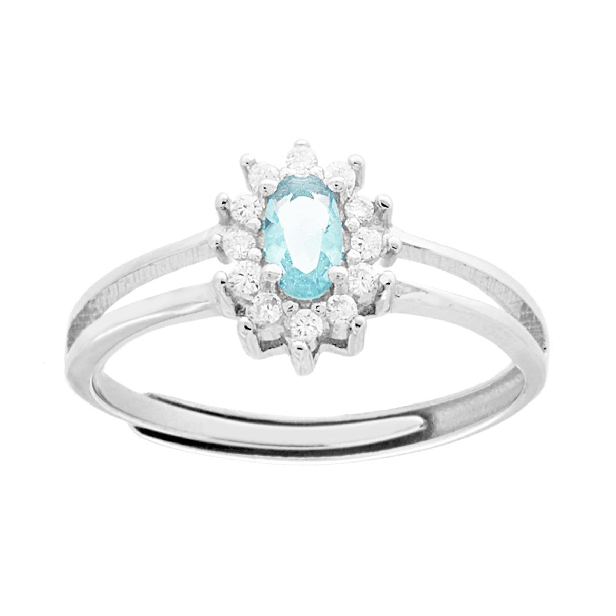 Solitärring mit ovalem Aquamarin, von weißen Zirkonen umrahmt, aus 925er Silber rhodiniert. - MeinSchmuckShop