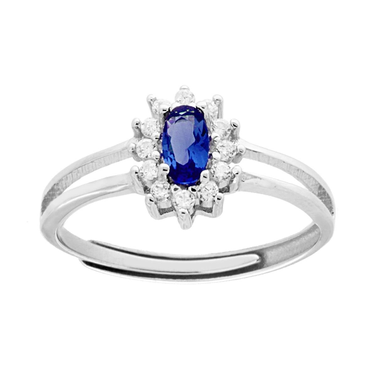 Solitärring mit ovalem blauem Saphir, umrahmt von weißen Zirkonen, aus 925er Silber rhodiniert - MeinSchmuckShop