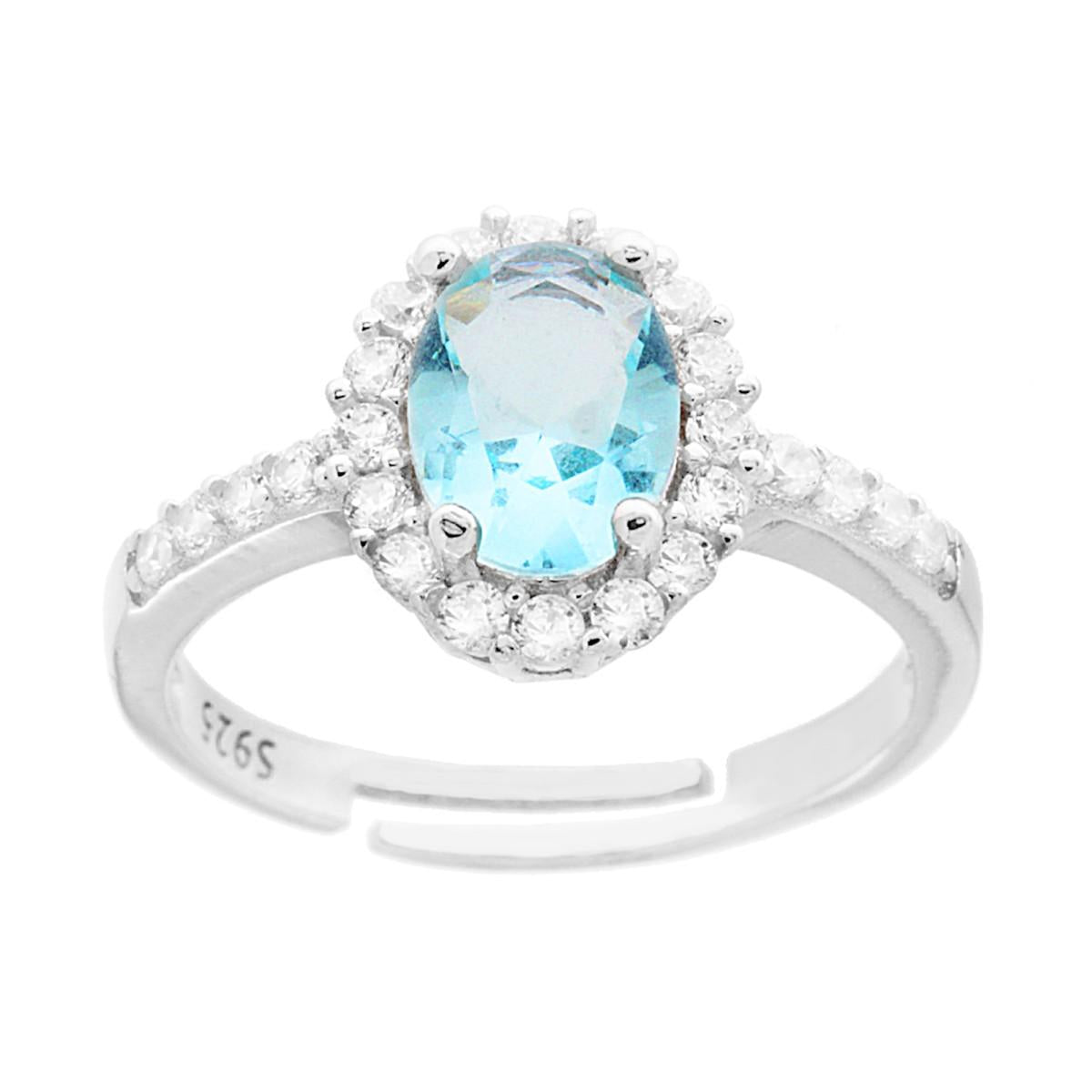 Halo-Solitärring mit ovalem Aquamarin, umrandet von weißen Zirkonen, aus 925er Silber, rhodiniert - MeinSchmuckShop