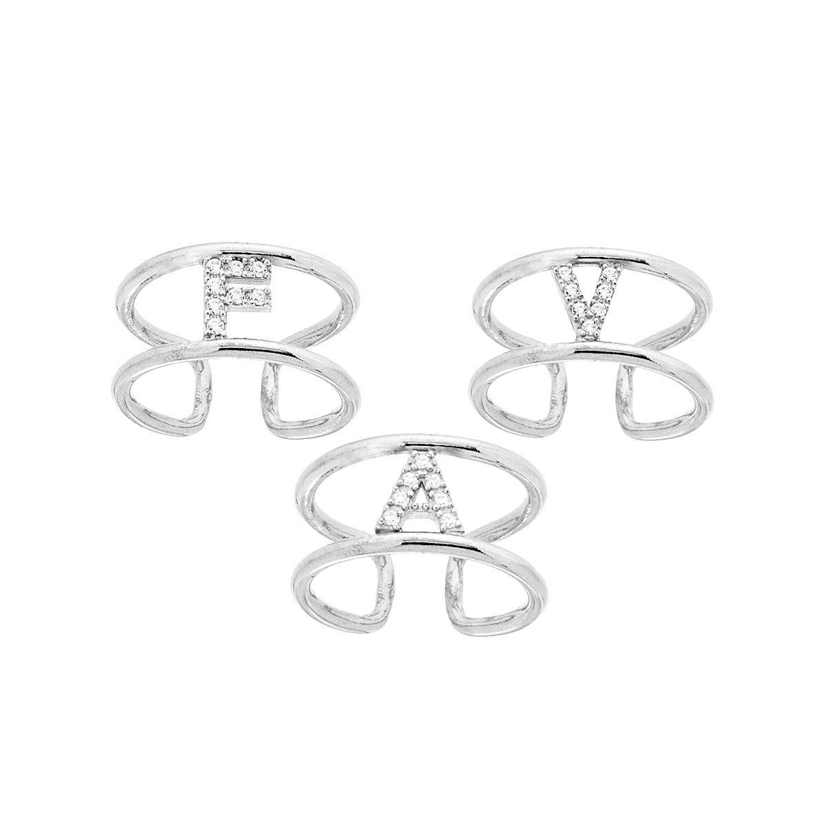 Ring mit doppeltem Schaft, Initialbuchstabe, weiße Zirkone, 925er Silber, rhodiniert - MeinSchmuckShop