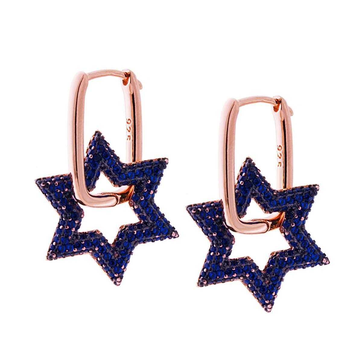 Ohrringe, englischer Verschluss, Stern-Anhänger, blaue Zirkone und Saphire, 925er Silber, roségold galvanisiert - MeinSchmuckShop