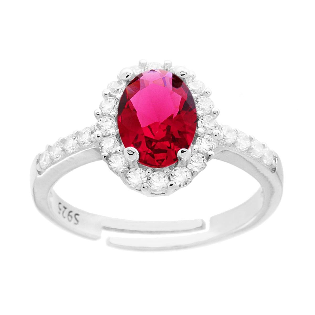 Solitärring mit Halo, ovaler rubinroter Zirkon, umrundet von weißen Zirkonen, aus 925er Silber rhodiniert - MeinSchmuckShop