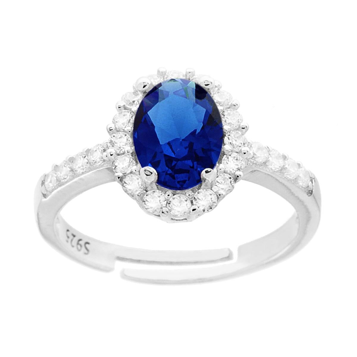 Halo-Solitärring mit ovalem blauen Saphir, umgeben von weißen Zirkonien, in 925er Silber rhodiniert - MeinSchmuckShop