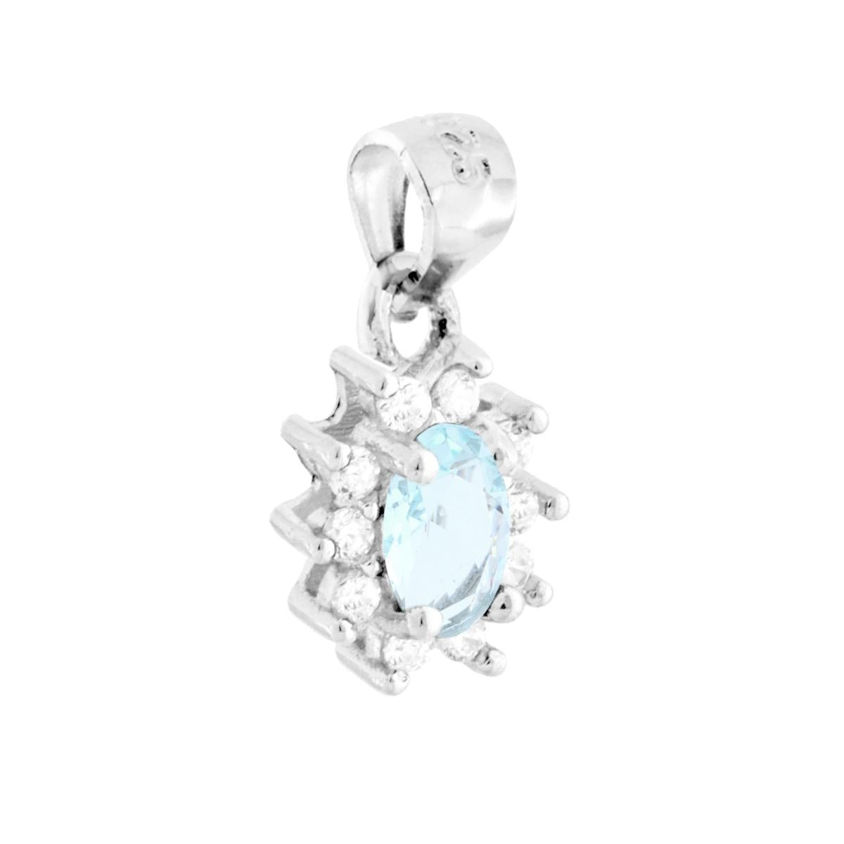 Ovaler Aquamarin-Zirkonanhänger, umgeben von weißen Zirkonen, aus 925er Silber galvanisch rhodiniert. - MeinSchmuckShop