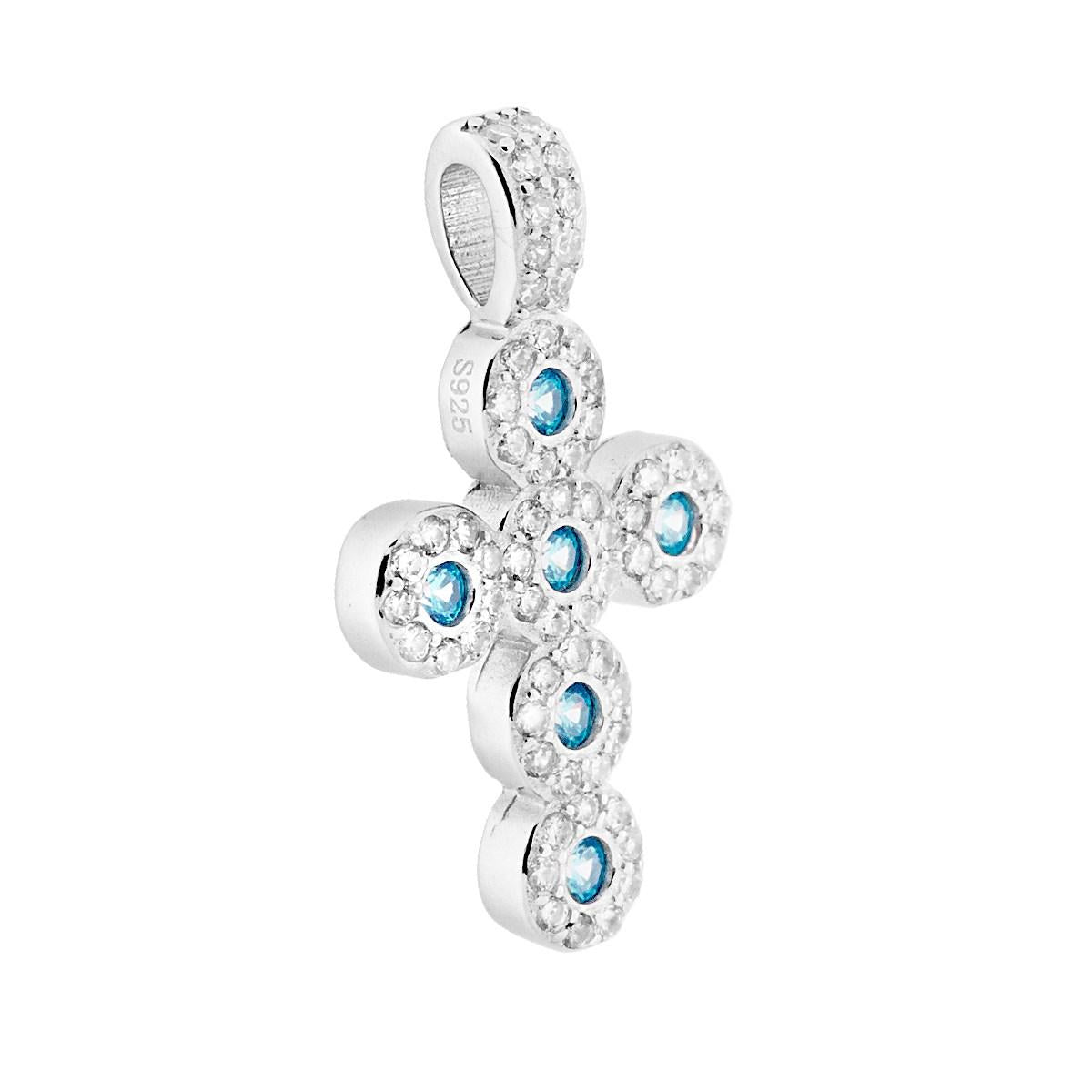 Anhänger lateinisches Kreuz mit Zirkonen, Aquamarin und weißen Zirkonien in 925er Silber rhodiniert - MeinSchmuckShop