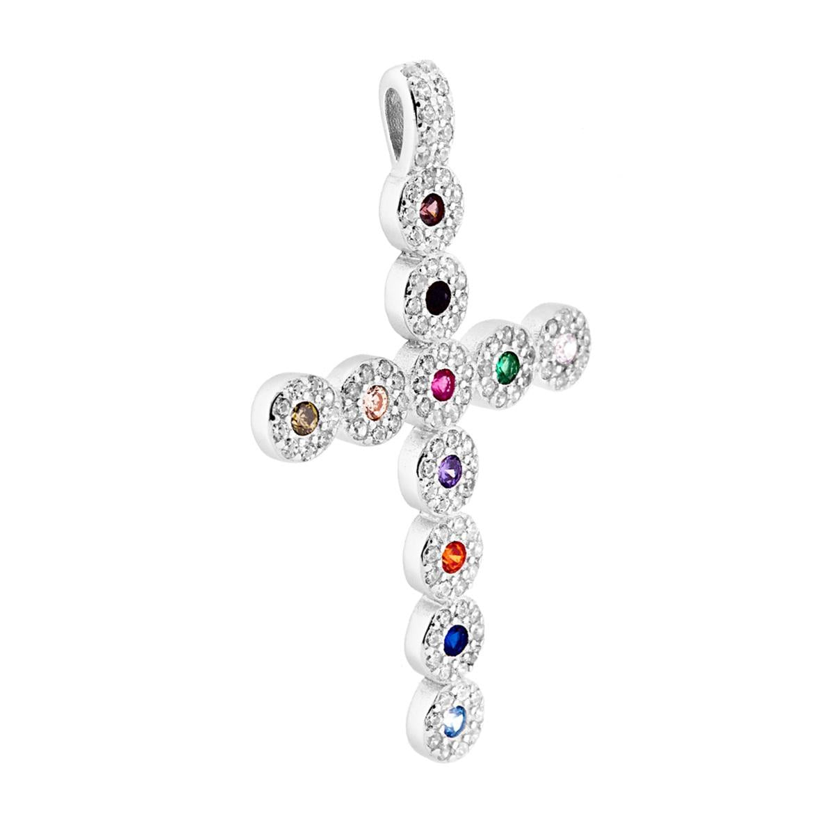 Kreuzanhänger im lateinischen Kreuz mit multicolor und weißen Zirkonien aus Silber 925, galvanisch Rhodium - MeinSchmuckShop