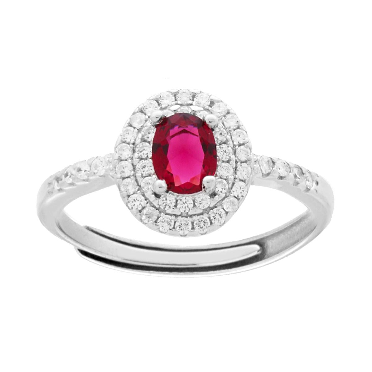 Solitärring mit Halo, ovalem rubinroten Zirkon, von weißen Zirkonen umgeben, aus Silber 925, rhodiniert. - MeinSchmuckShop