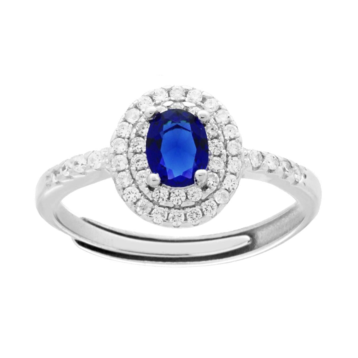 Halo-Solitärring mit ovalem blauen Zirkon-Saphir, umgeben von weißen Zirkonen, aus 925er Silber rhodiniert - MeinSchmuckShop