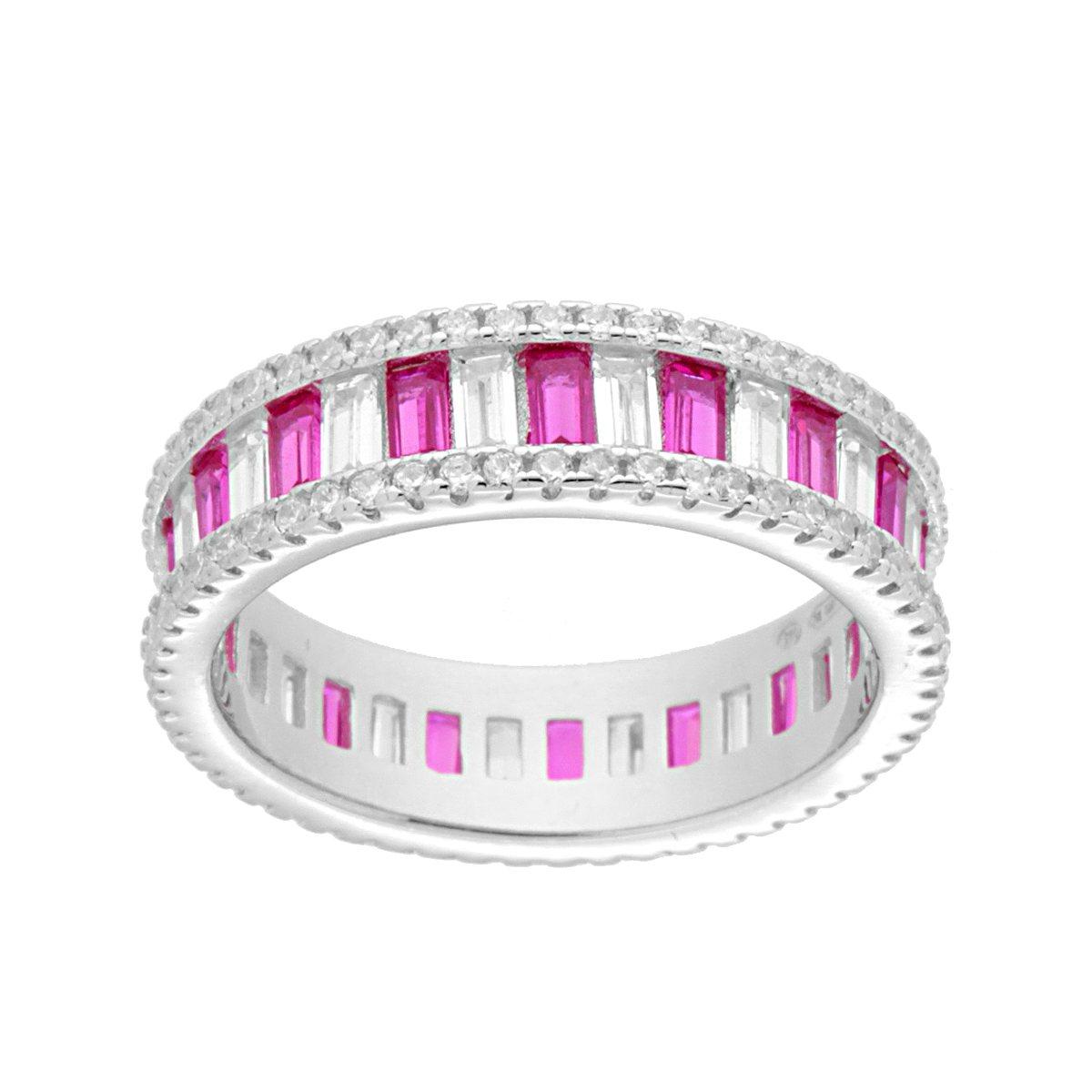 Eternity-Ring mit Cubic Zirconia, Baguette-Schliff, abwechselnd Weiß und Rubinrot, aus 925er Silber, rhodiniert. - MeinSchmuckShop