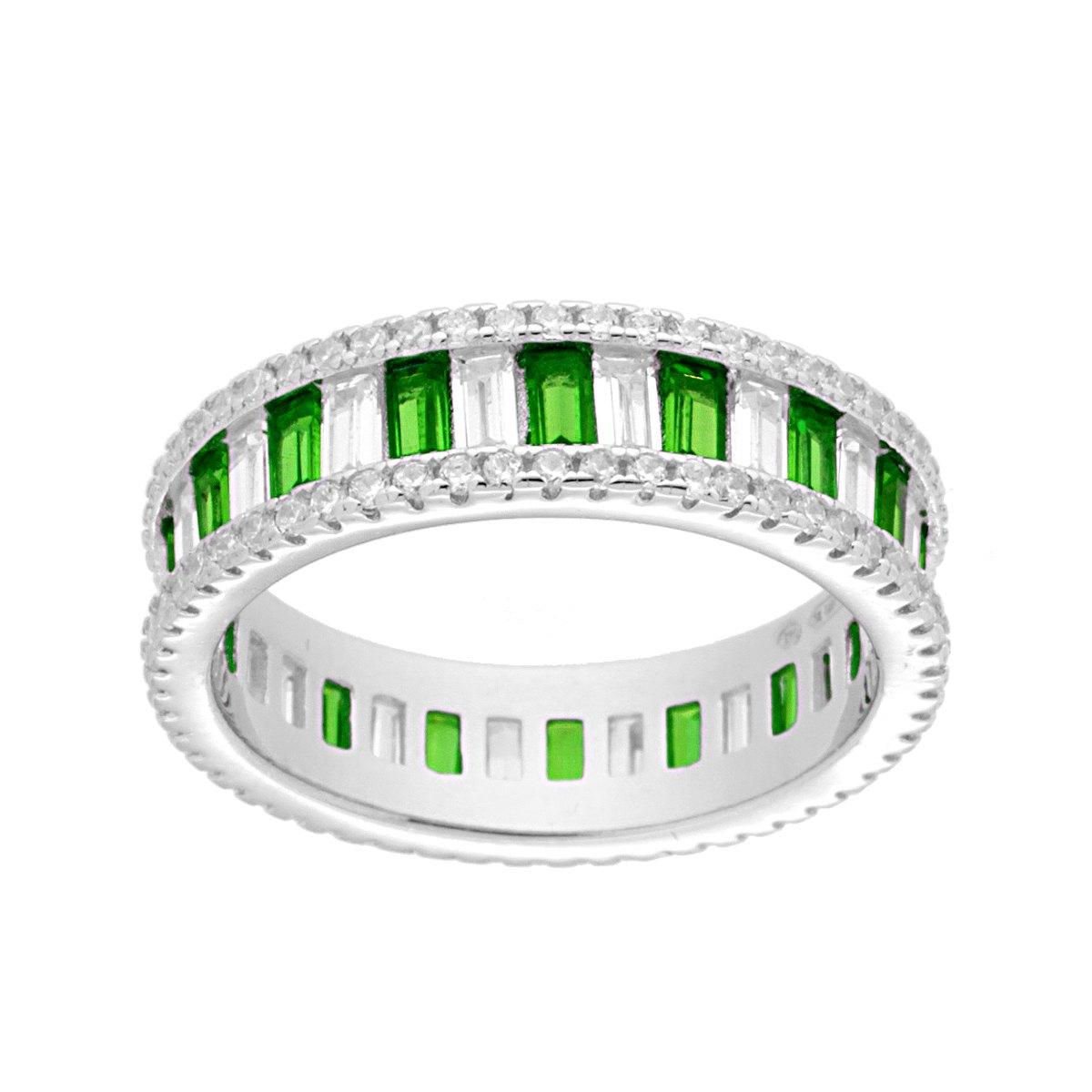 Ewigkeitsring mit Cubic Zirconia im Baguette-Schliff, abwechselnd Weiß und Smaragdgrün, aus 925er Silber, rhodiniert - MeinSchmuckShop