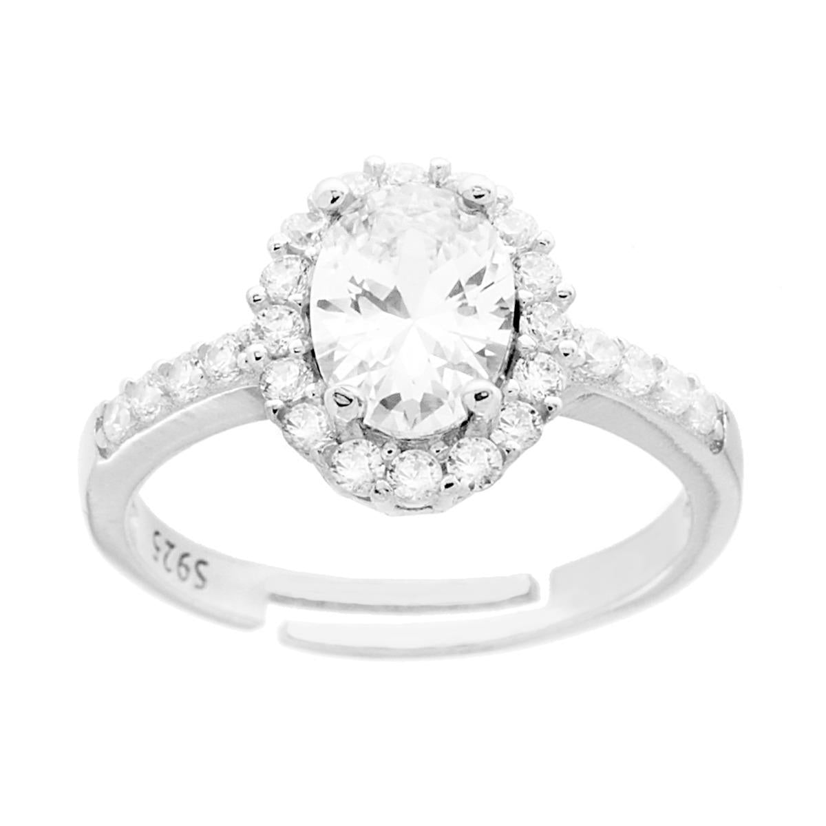 Halo-Solitärring mit ovalem weißen Zirkon (Zirconia), umrahmt von weißen Zirkonen, aus Silber 925 galvanisch rhodiniert. - MeinSchmuckShop