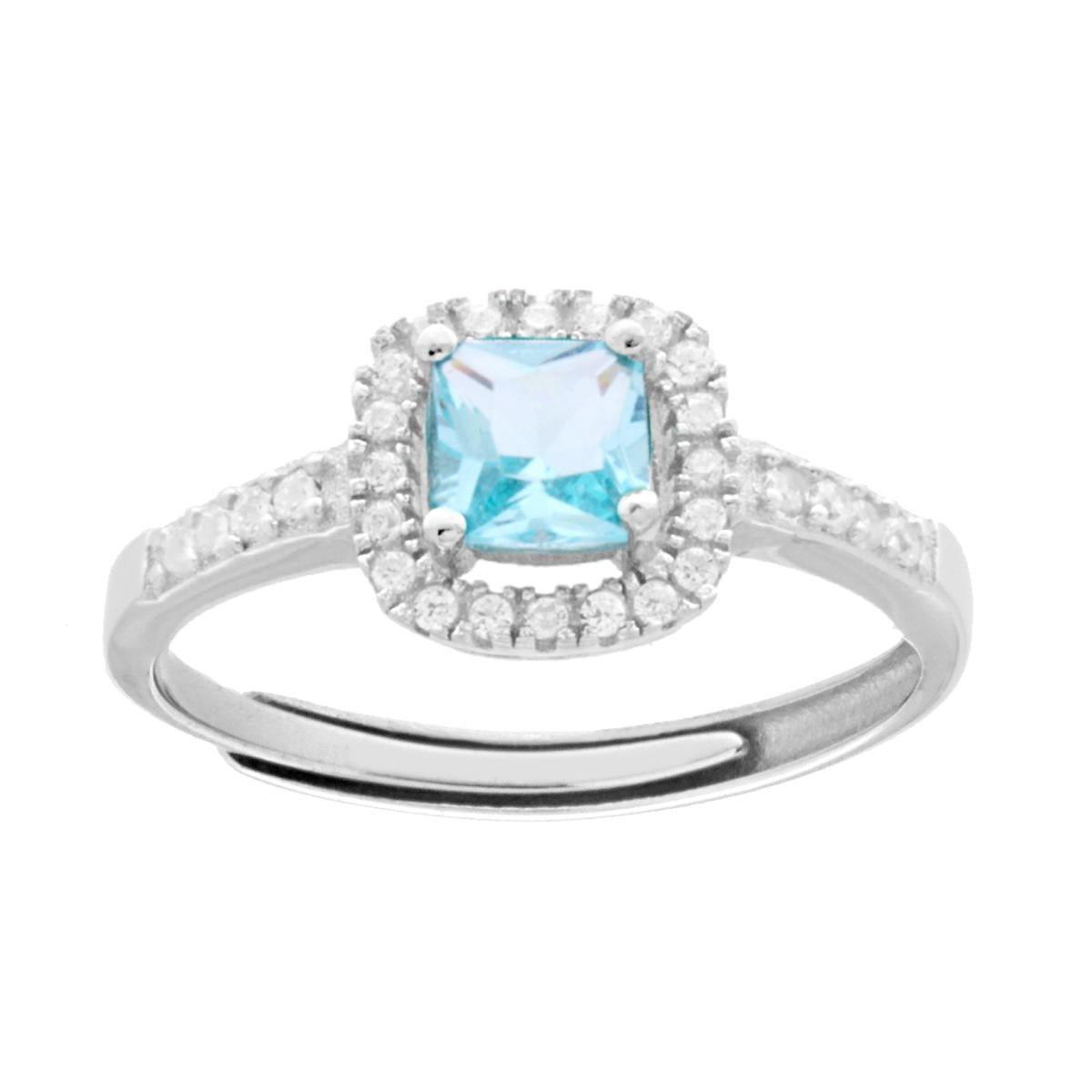 Solitärring mit Halo, Quadrat-Cushion Aquamarin, von weißen Zirkonen umrahmt, aus 925er Silber rhodiniert - MeinSchmuckShop