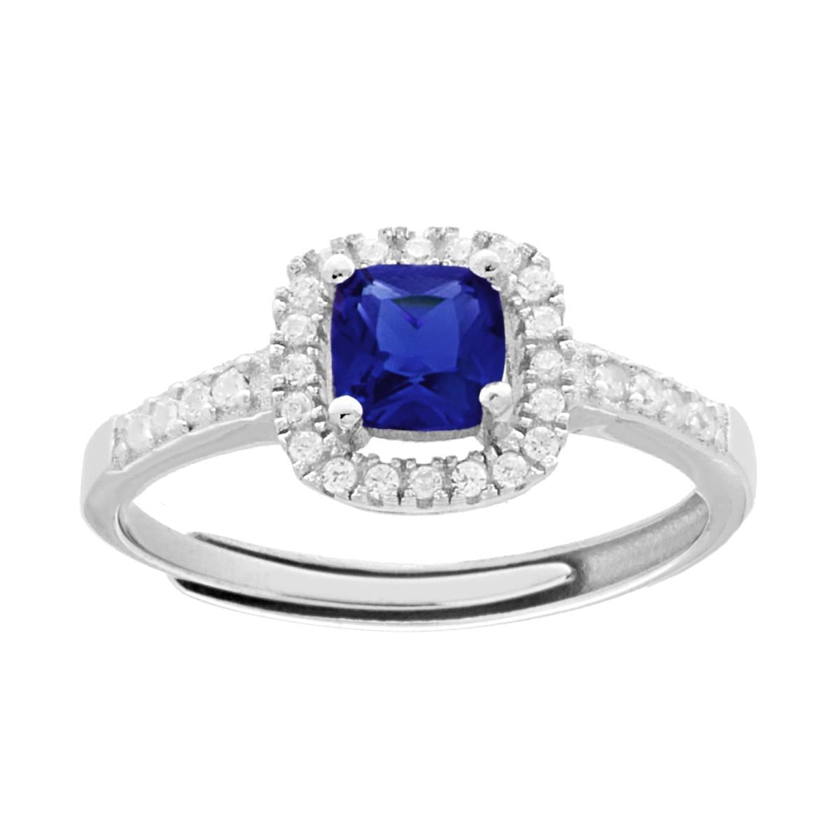Solitärer Halo-Ring mit quadratischem Cushion-Zirkon in Blau-Saphir, umgeben von weißen Zirkonen, aus 925er Silber, rhodiniert. - MeinSchmuckShop