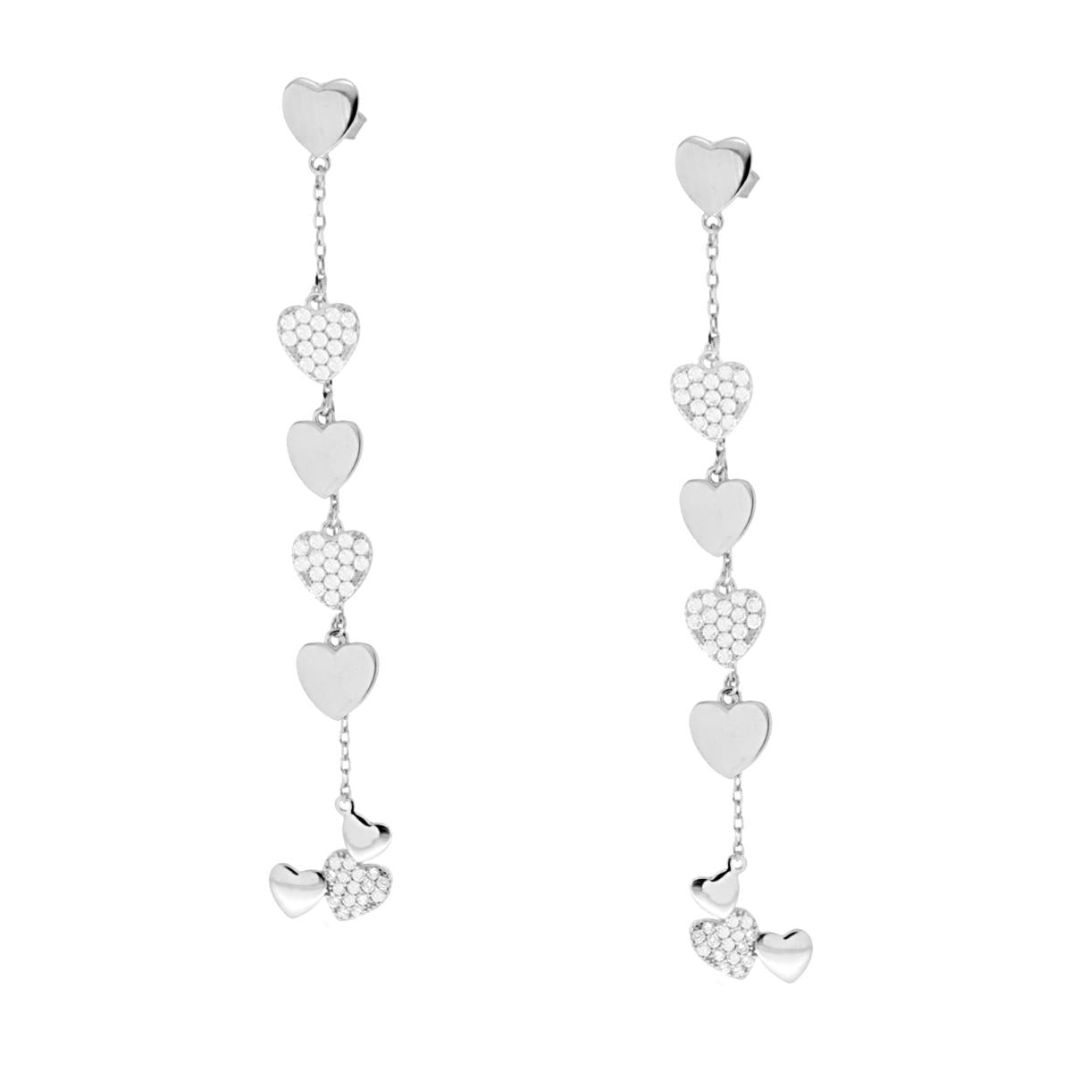 Ohrringe Diamantierte Forzatina-Kette mit schlichten Herzen und Herzen mit weißen Zirkonien, hängend aus 925er Silber rhodiniert - MeinSchmuckShop