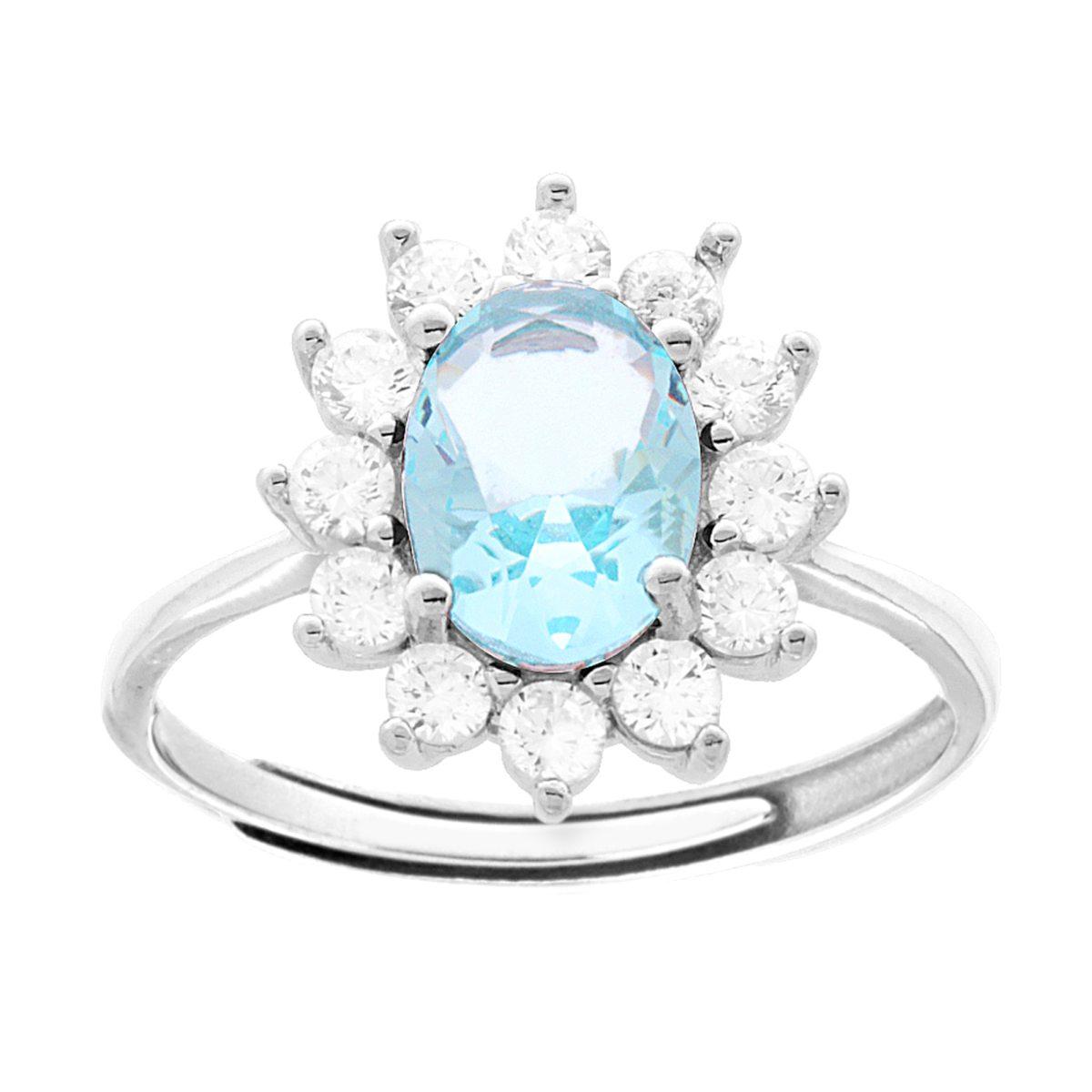 Halo-Solitärring mit ovalem Aquamarin, umrahmt von weißen Zirkonien, aus 925er Sterlingsilber rhodiniert. - MeinSchmuckShop