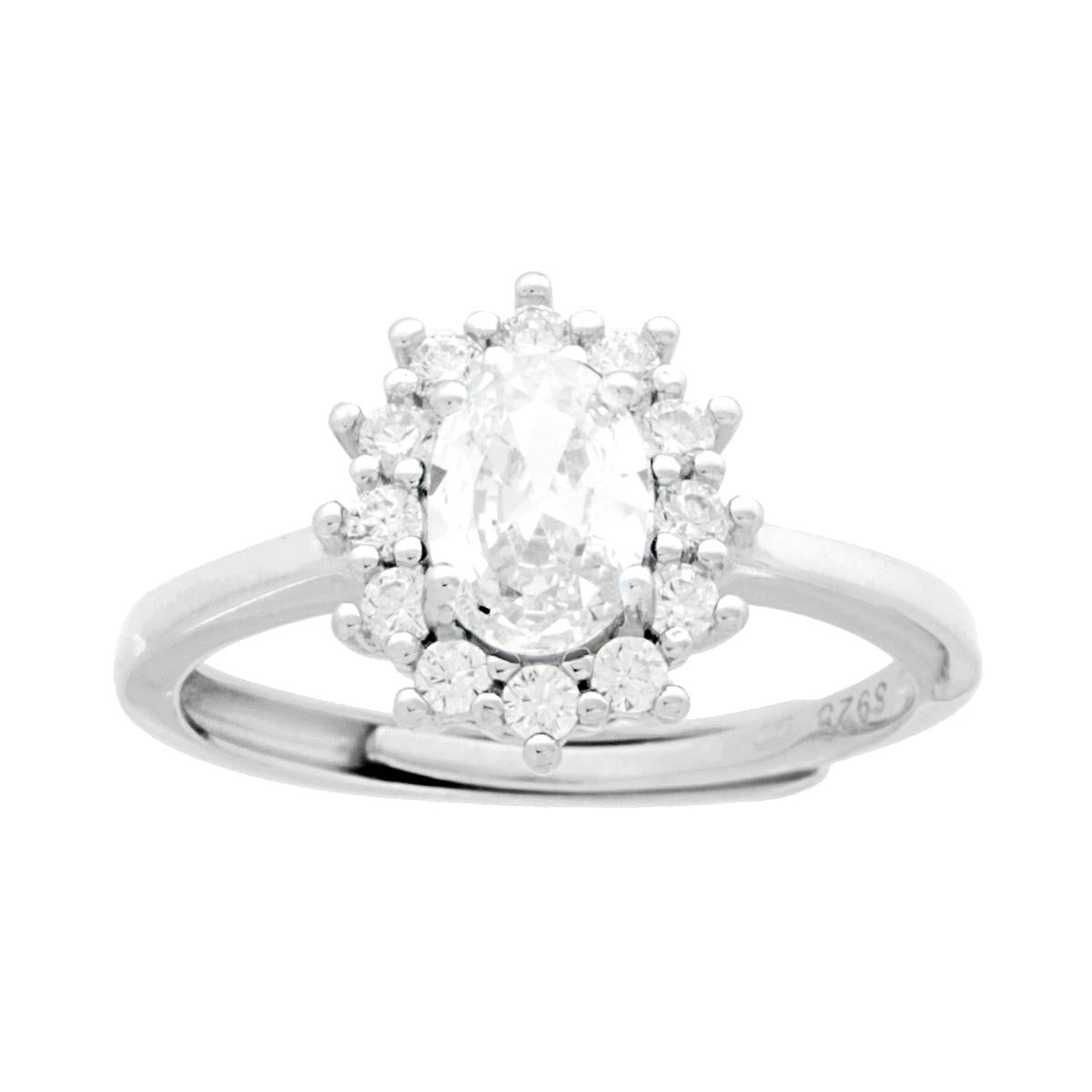 Ovaler Solitärring mit weißem Zirkon, umgeben von weißen Zirkonen, aus 925er Silber rhodium-beschichtet. - MeinSchmuckShop