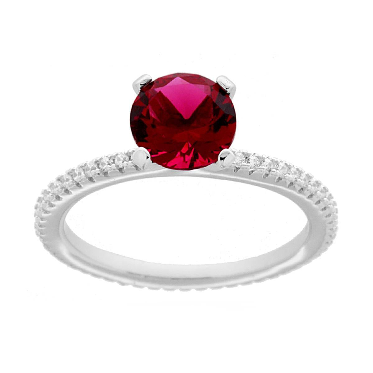 Solitaire-Ring mit rubinrotem Cubic Zirconia und weißen Zirkonen aus 925er Silber, rhodiniert. - MeinSchmuckShop