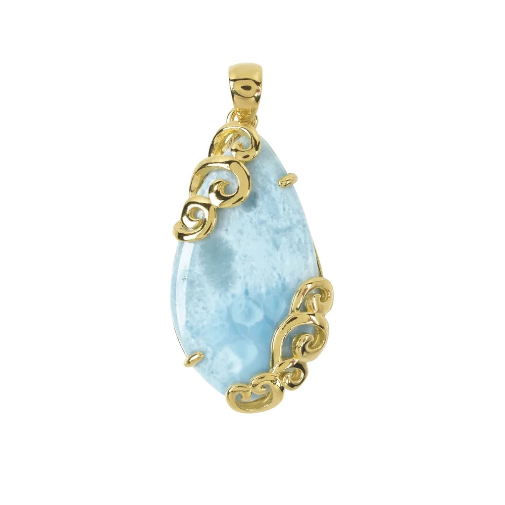 Anhänger Larimar, Tropfen (27 x 13mm) mit Ranke, 3,8cm, vergoldet - MeinSchmuckShop