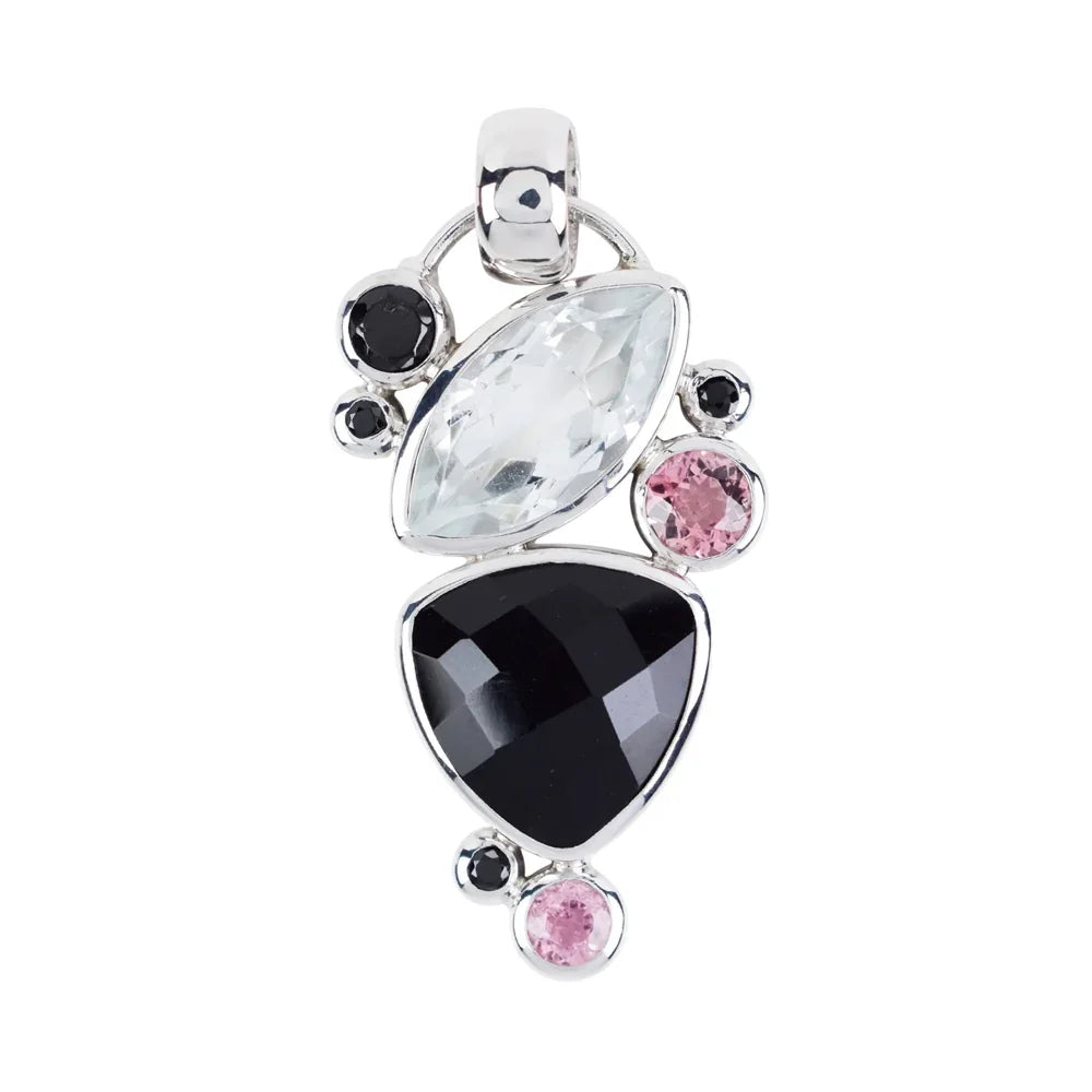 Anhänger Onyx-Trillion, Topas weiß, Turmalin rosa, Spinell schwarz, 4,2cm, rhodiniert - MeinSchmuckShop