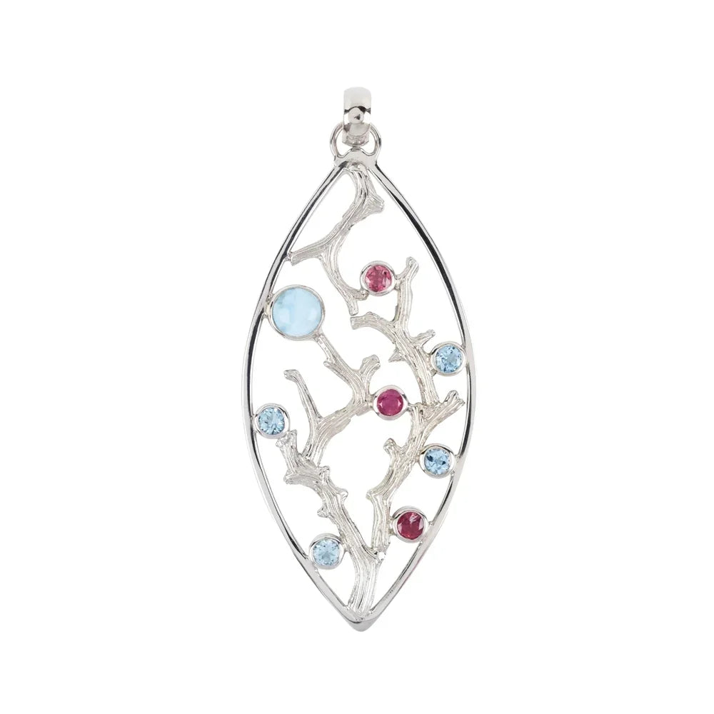 Anhänger Korallenäste mit Larimar, Turmalin, Topas, 7,6cm, rhodiniert - MeinSchmuckShop