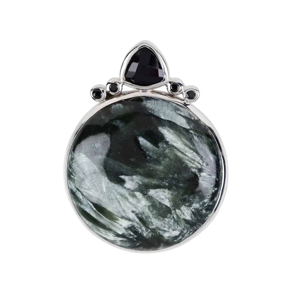 Anhänger Serafinit rund, Onyx-Trillion, Spinell schwarz, 4,1cm, rhodiniert - MeinSchmuckShop