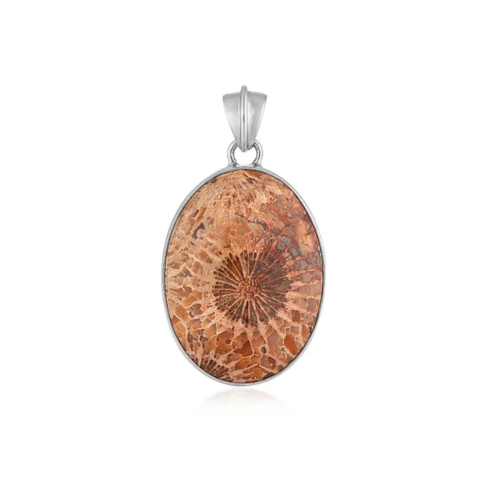 Anhänger versteinerte Koralle AAA, Oval (30 x 23mm), 4,2cm, rhodiniert - MeinSchmuckShop