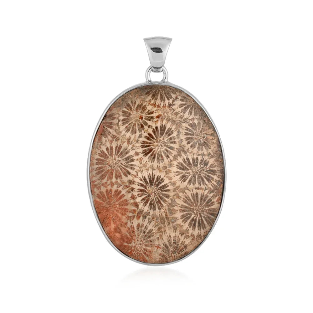 Anhänger versteinerte Koralle AAA, oval (45 x 30mm), 5,5cm, rhodiniert - MeinSchmuckShop