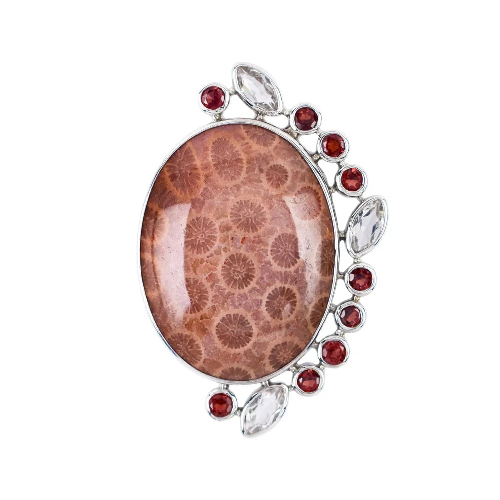 Anhänger versteinerte Koralle, Oval (30 x 21mm), Granat, Topas, 4,3cm, platiniert - MeinSchmuckShop