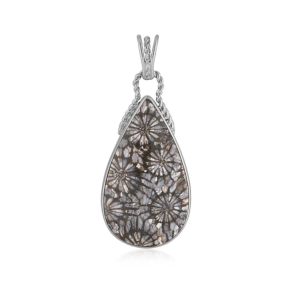 Anhänger versteinerte Koralle, Tropfen (35 x 20mm), 4,7cm, platiniert - MeinSchmuckShop