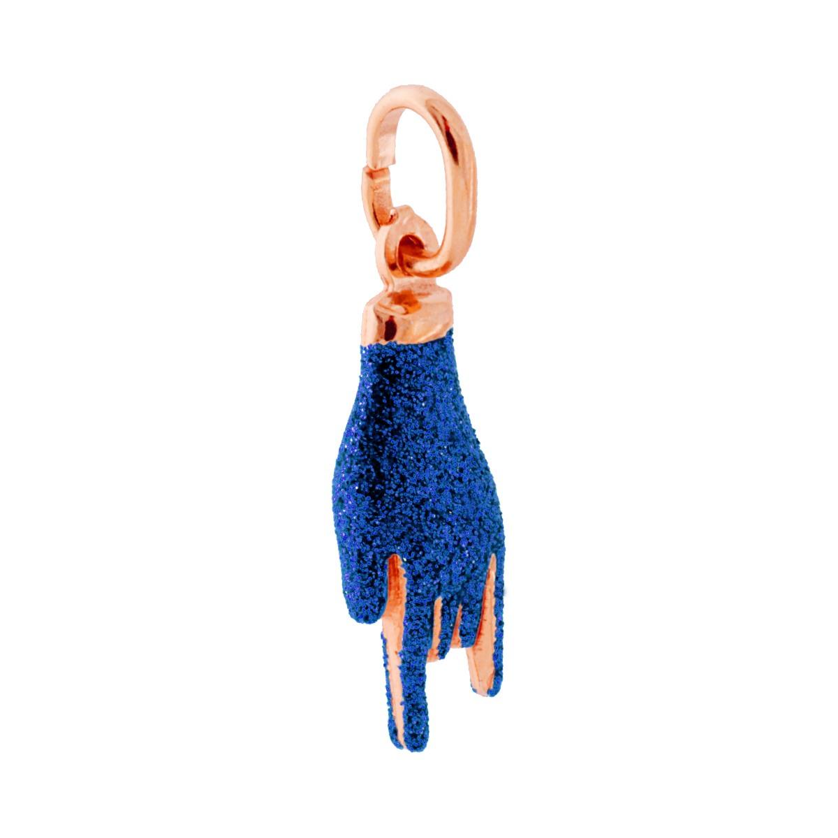 Glücksanhänger Horn-Hand mit blauem Glitzeremail, aus 925er Silber, rosa galvanisiert - MeinSchmuckShop