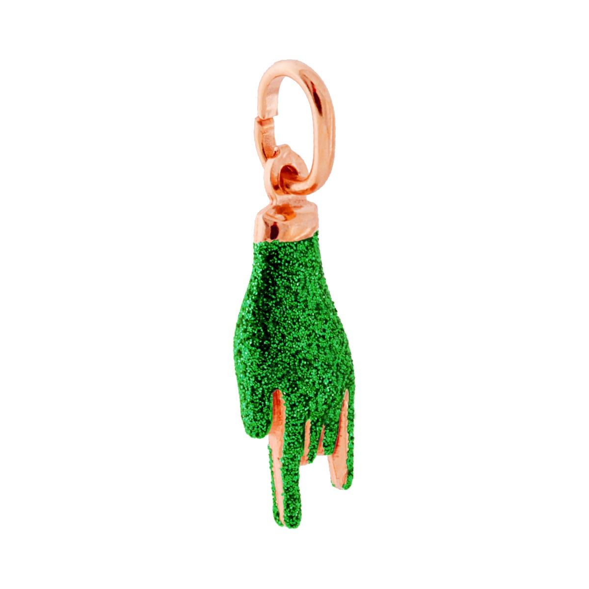 Anhänger Glücksbringer – Horn-Handzeichen mit grüner Glitzeremaille, 925er Silber, Roségold-Plattierung - MeinSchmuckShop