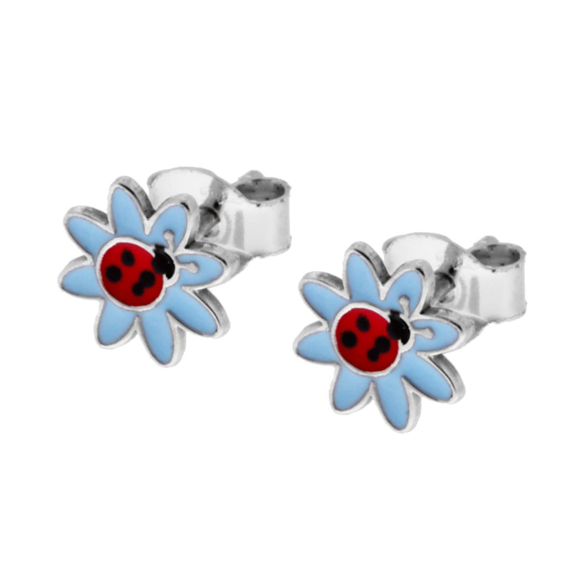 Ohrringe – Blume und Marienkäfer, mit blauem Emaille, aus Silber 925, Rhodium-Galvanik. - MeinSchmuckShop