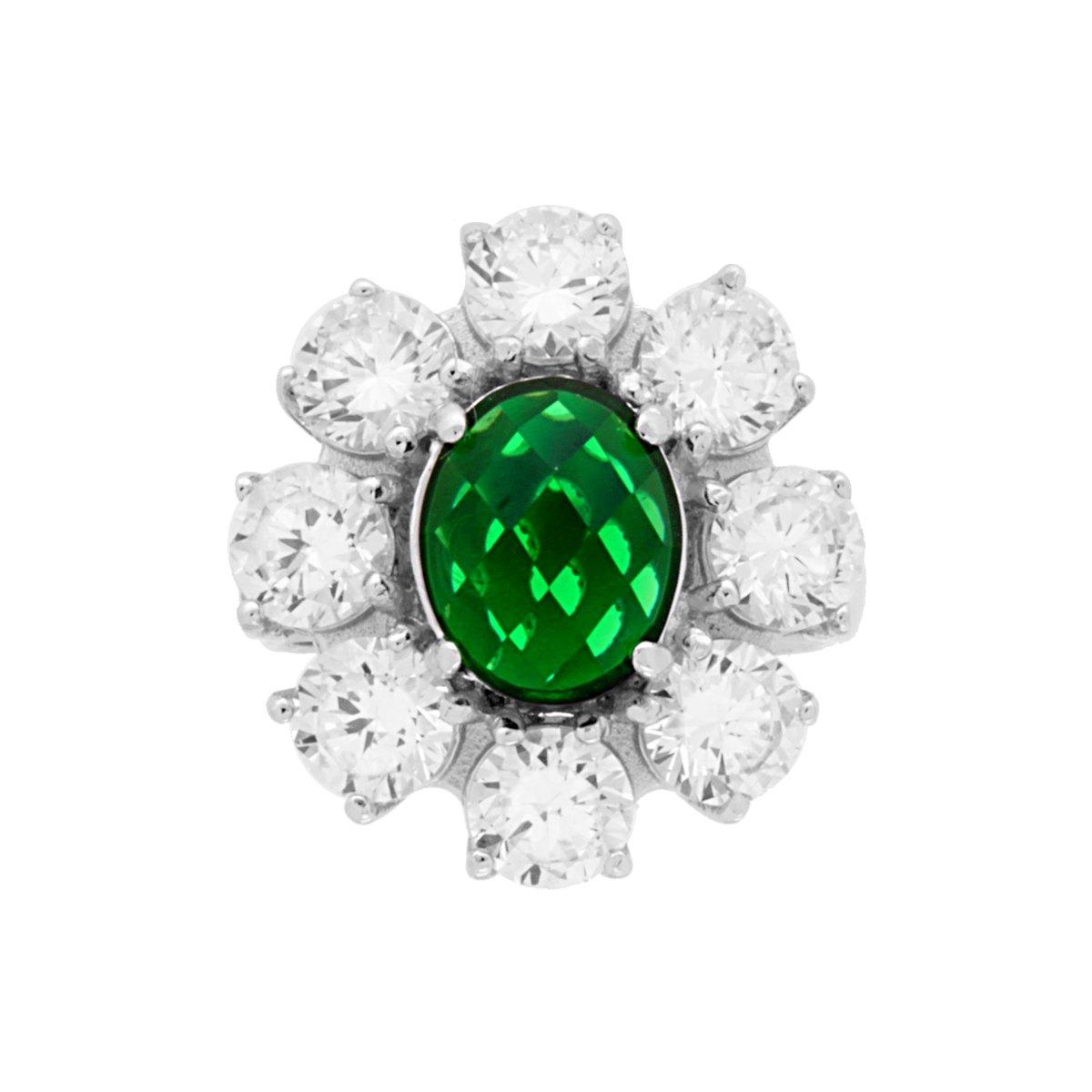 Solitärring mit Halo und Blume, mit ovalem smaragdgrünen Zirkon und weißen Zirkonen, aus 925er Silber rhodiniert galvanisch. - MeinSchmuckShop