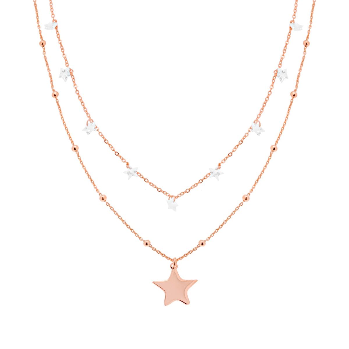 Zwei-Strang-Kette, Diamantierte Forzatina-Kette mit weißen Kristallsternen und schlichten Anhängern aus 925er Silber, roségold galvanisiert - MeinSchmuckShop