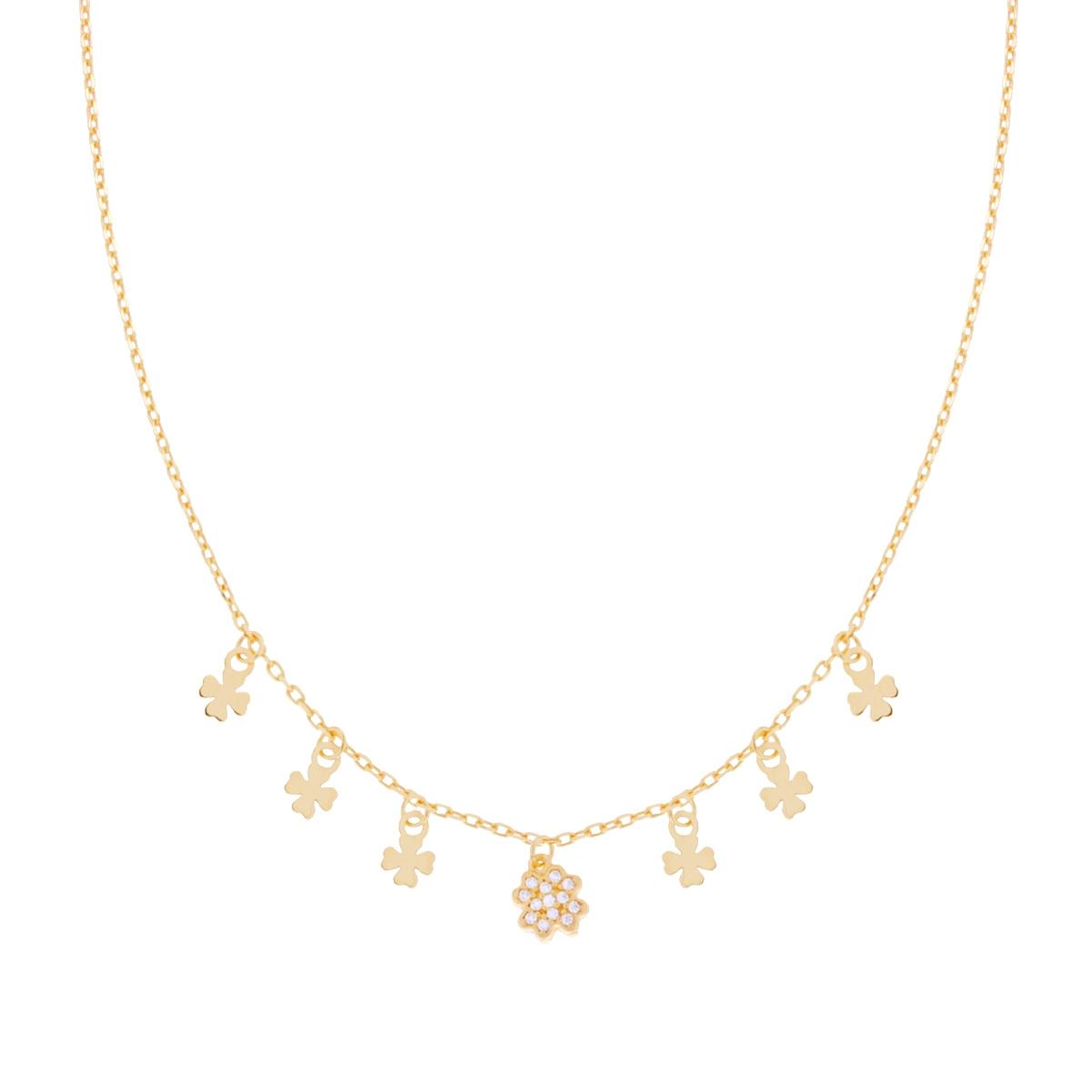 Halskette aus Forzatina-Kette, diamantbesetzt, mit vierblättrigen Kleeblatt-Anhängern und weißen Zirkonen, aus 925er Silber, goldgalvanisch beschichtet - MeinSchmuckShop